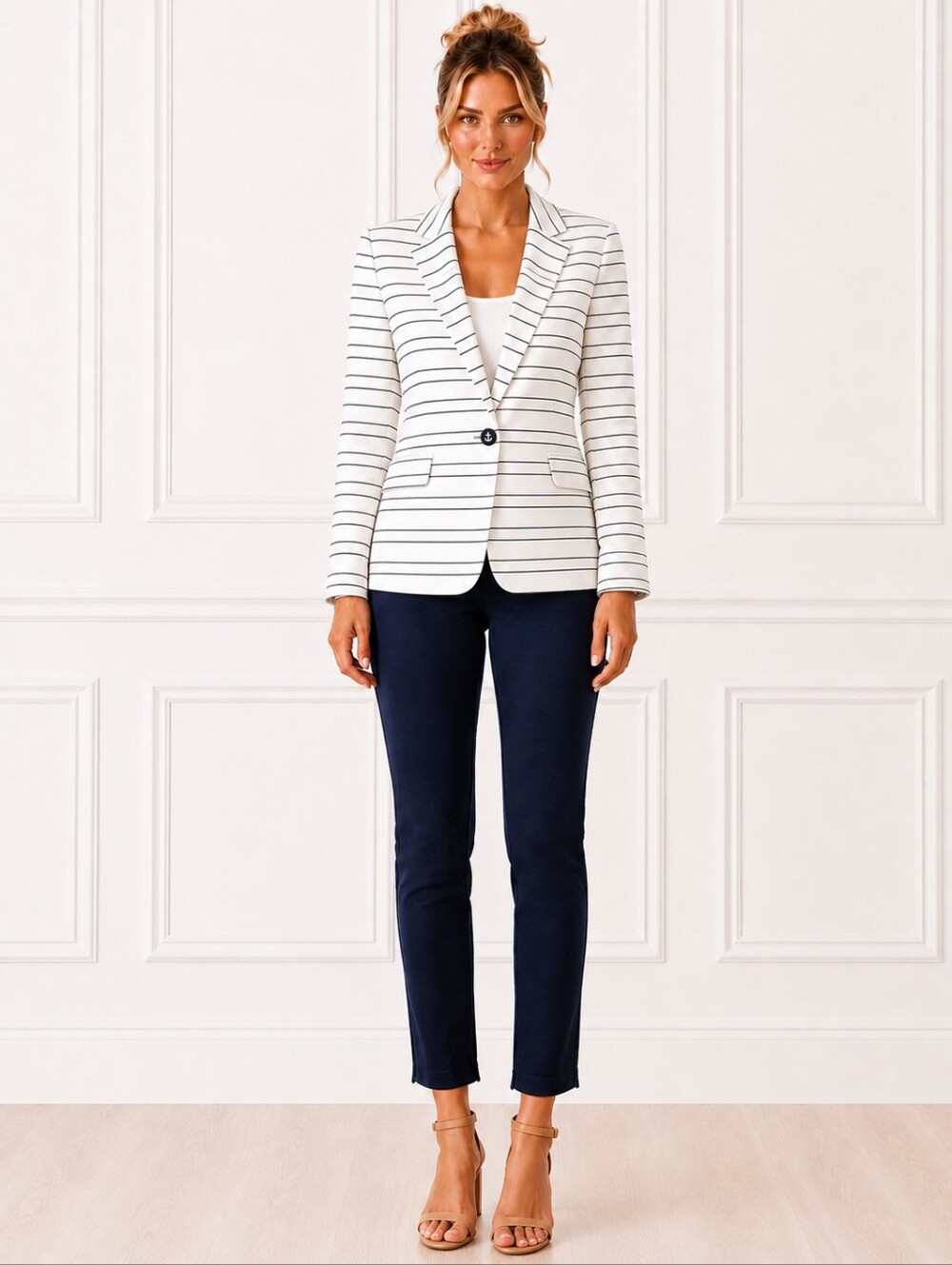 Kenar | Navy Pinstripe Nautical Blazer Anchor Gold Buttons Preppy Coastal Size M